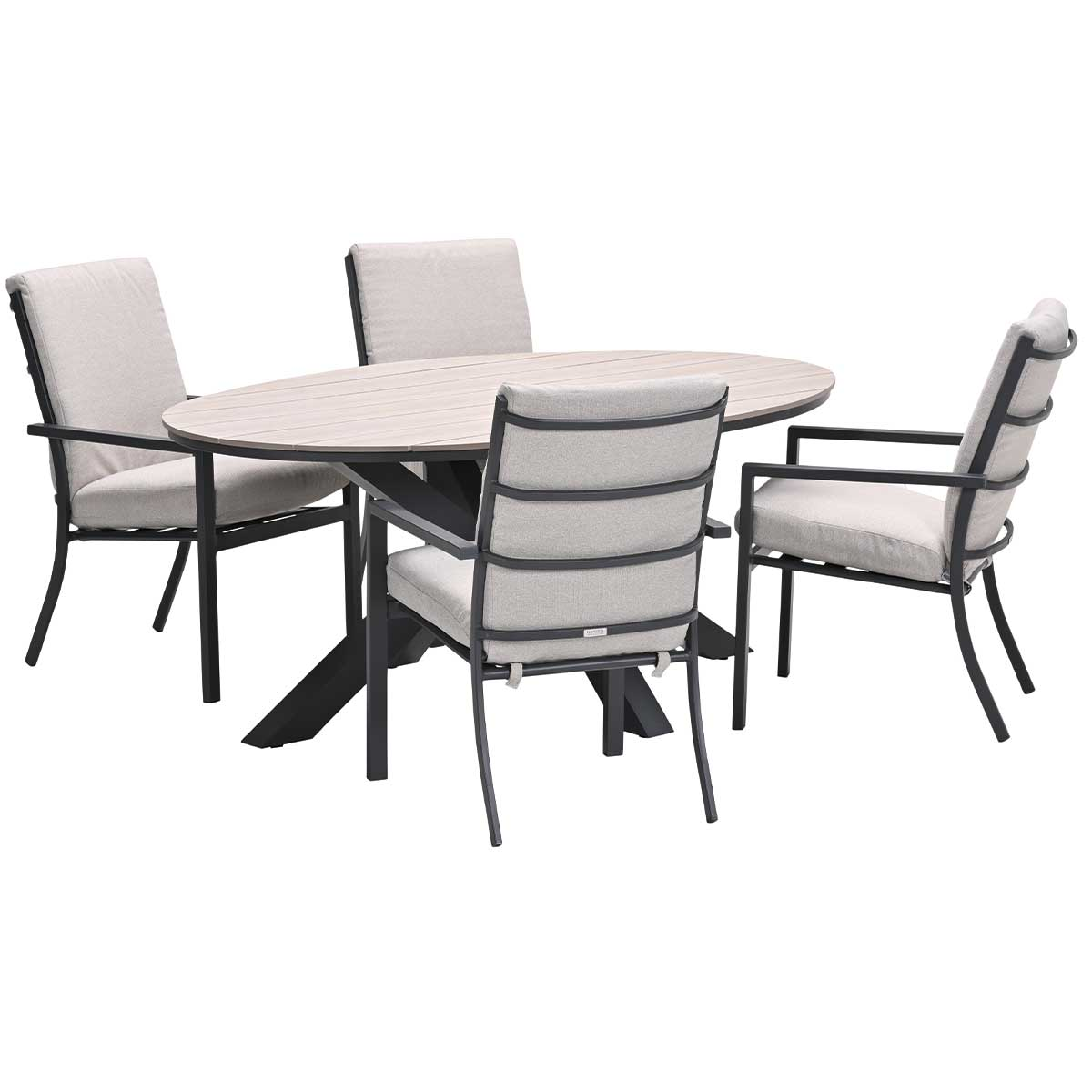 An outdoor dining set with a light-colored, oval table and four chairs. The chairs are grey and black.