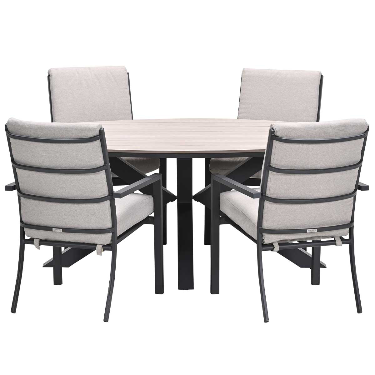 Outdoor dining set with a round table and four chairs with light gray cushions.