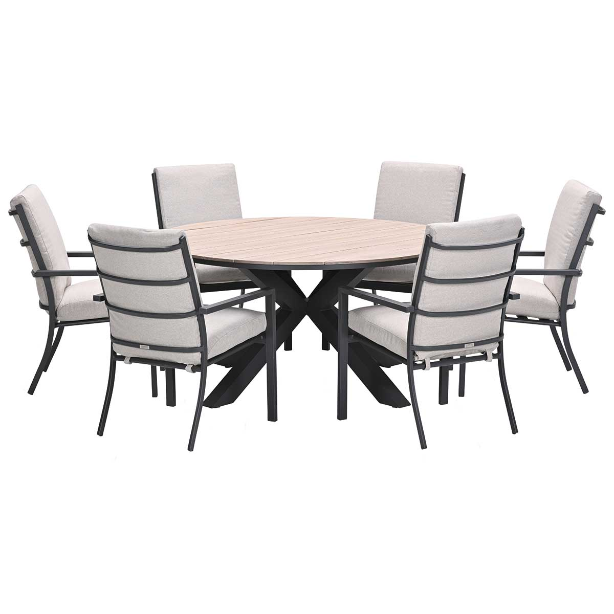 A round wooden table and six gray chairs on a white background.