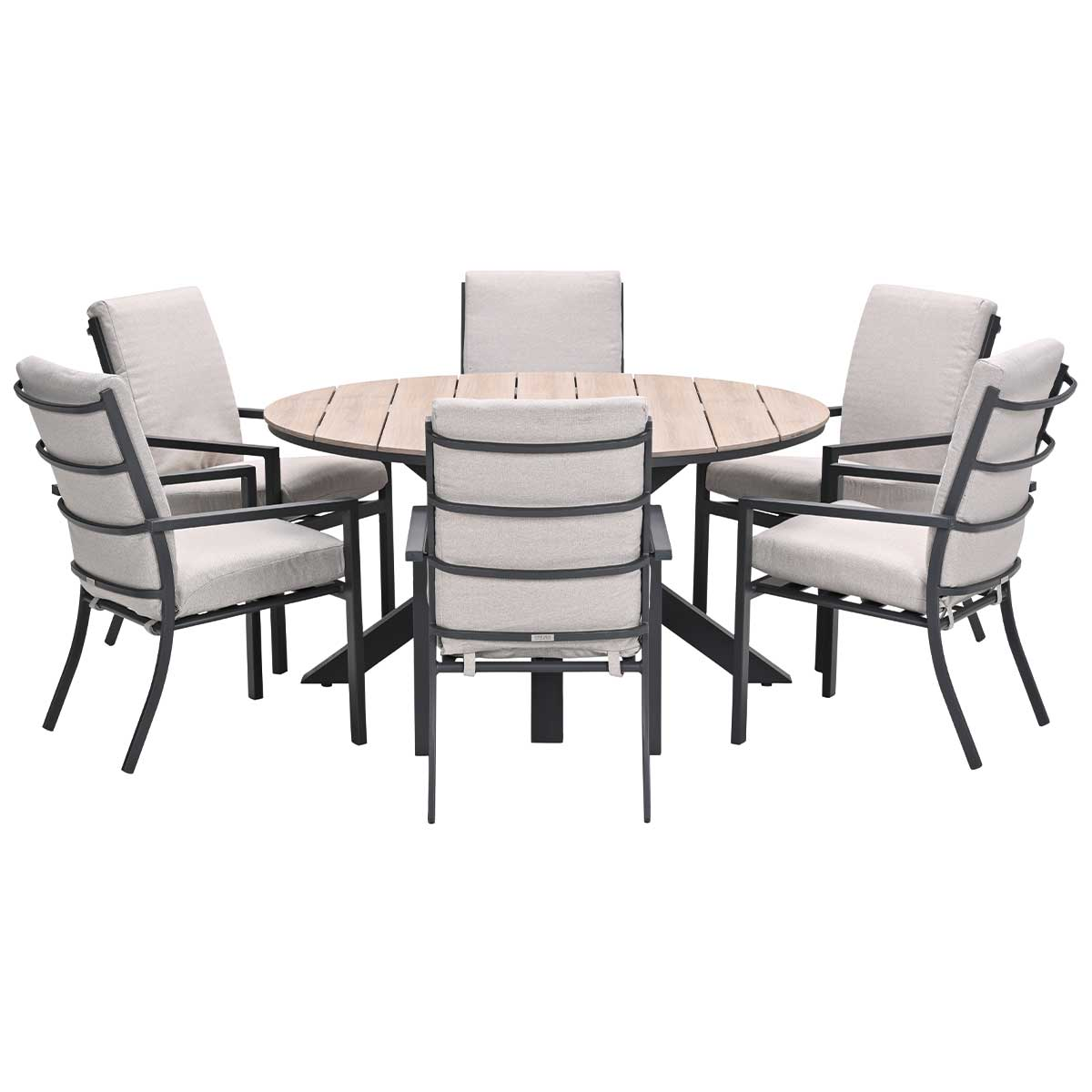 A round wooden table and five gray chairs on a white background.