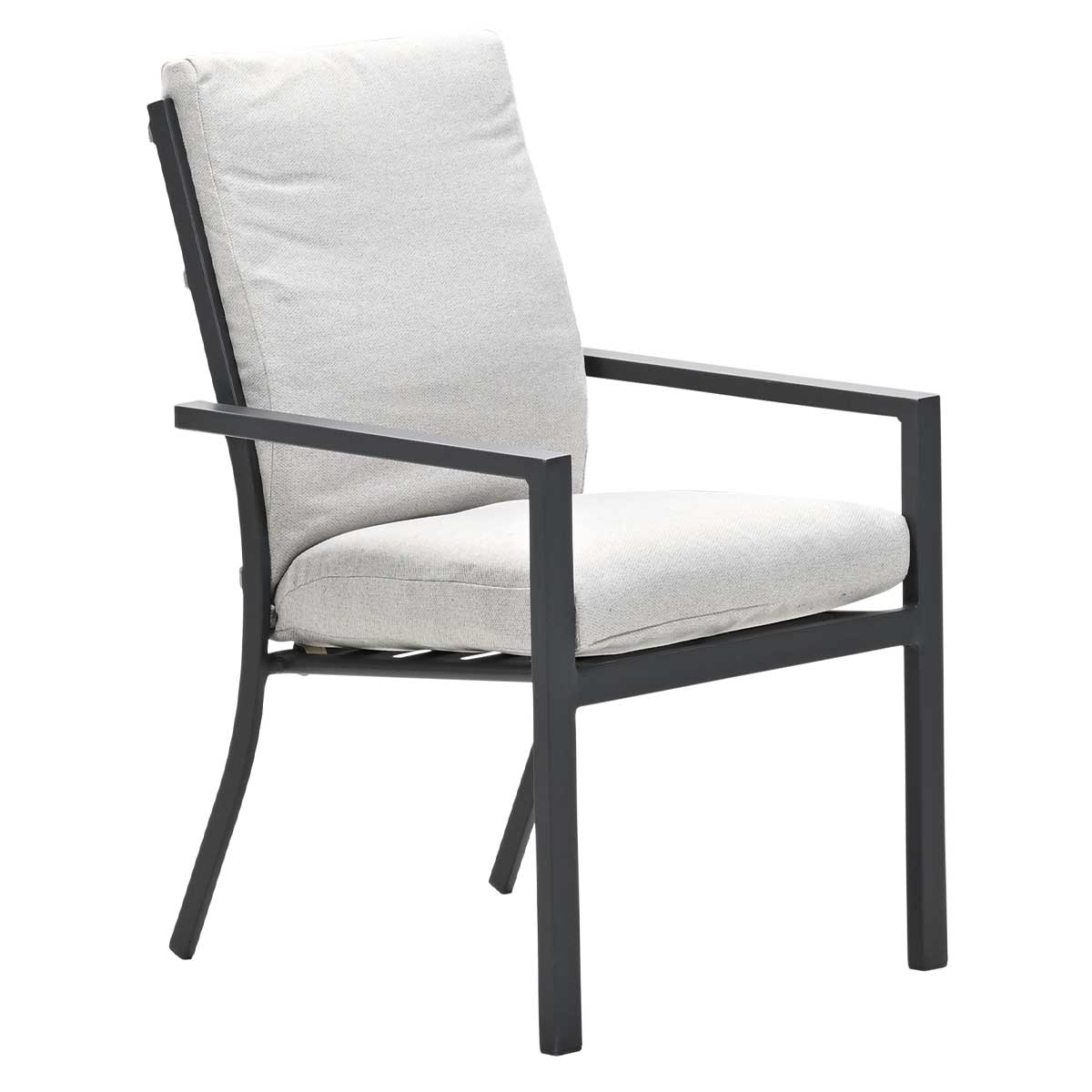 A modern outdoor chair with a black frame, gray cushions, and armrests on a white background.
