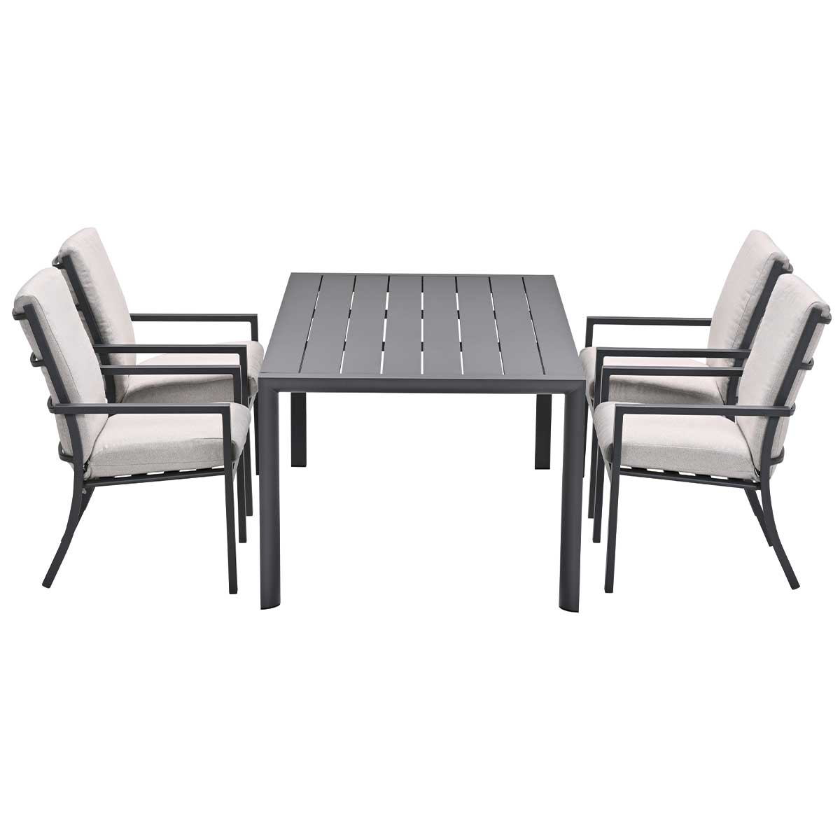 Patio set with a rectangular table and four chairs. The table and chairs have grey frames.