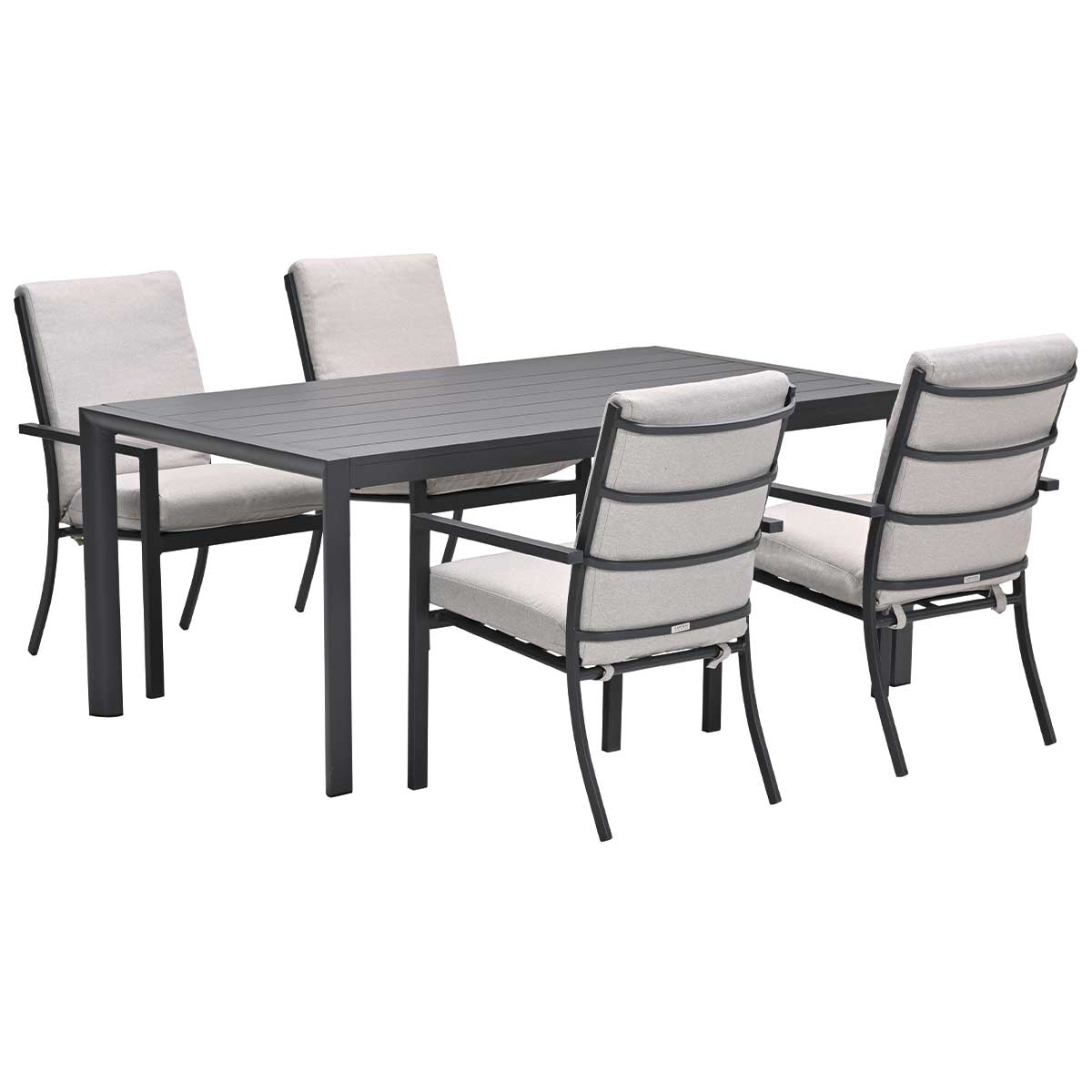 Patio set with a rectangular table and four chairs. The table and chairs have grey frames.