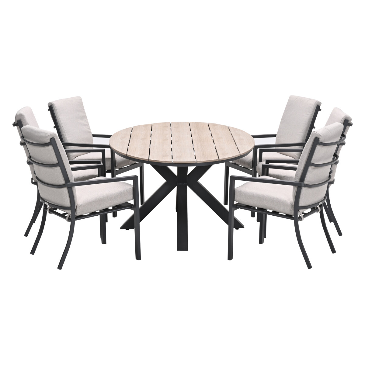 Outdoor dining set: round table, six chairs, light cushions, black frames, isolated on white.
