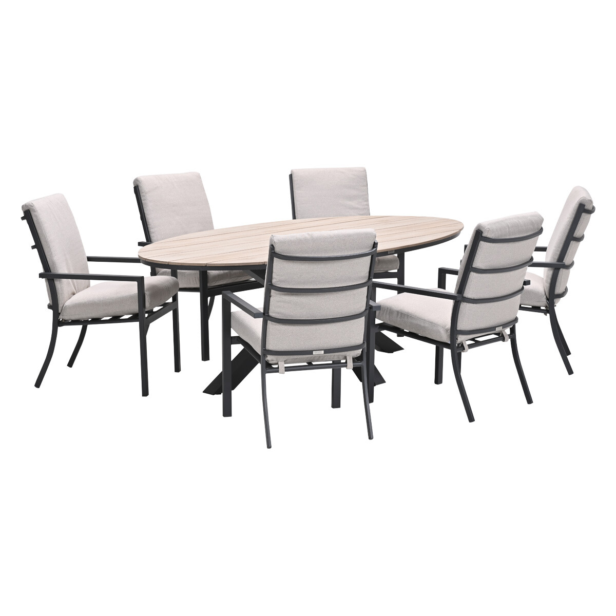 Outdoor dining set. Oval table with six chairs around it. Chairs have light grey cushions.
