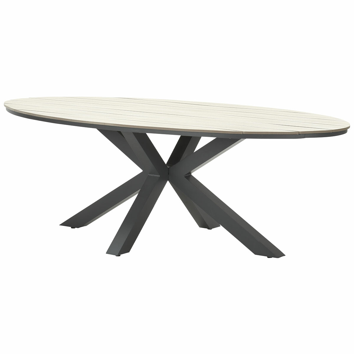 Oval wooden table with a dark grey metal base. The base has a star-like design with angled legs.
