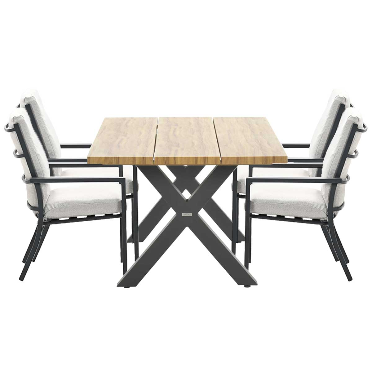 Eetset voor buiten: rechthoekige tafel, vier stoelen, lichte kussens.