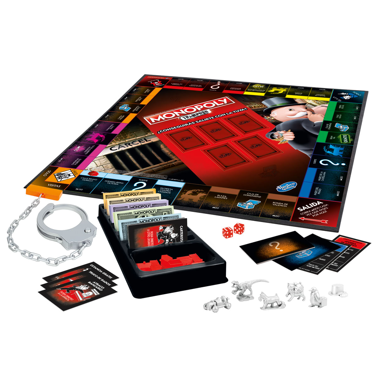 Juego de mesa Monopoly. Incluye tablero, dinero, cartas, dados, fichas y accesorios.