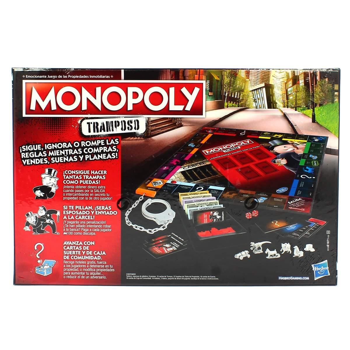 Caja del juego de mesa Monopoly, mostrando componentes y tablero detallado.