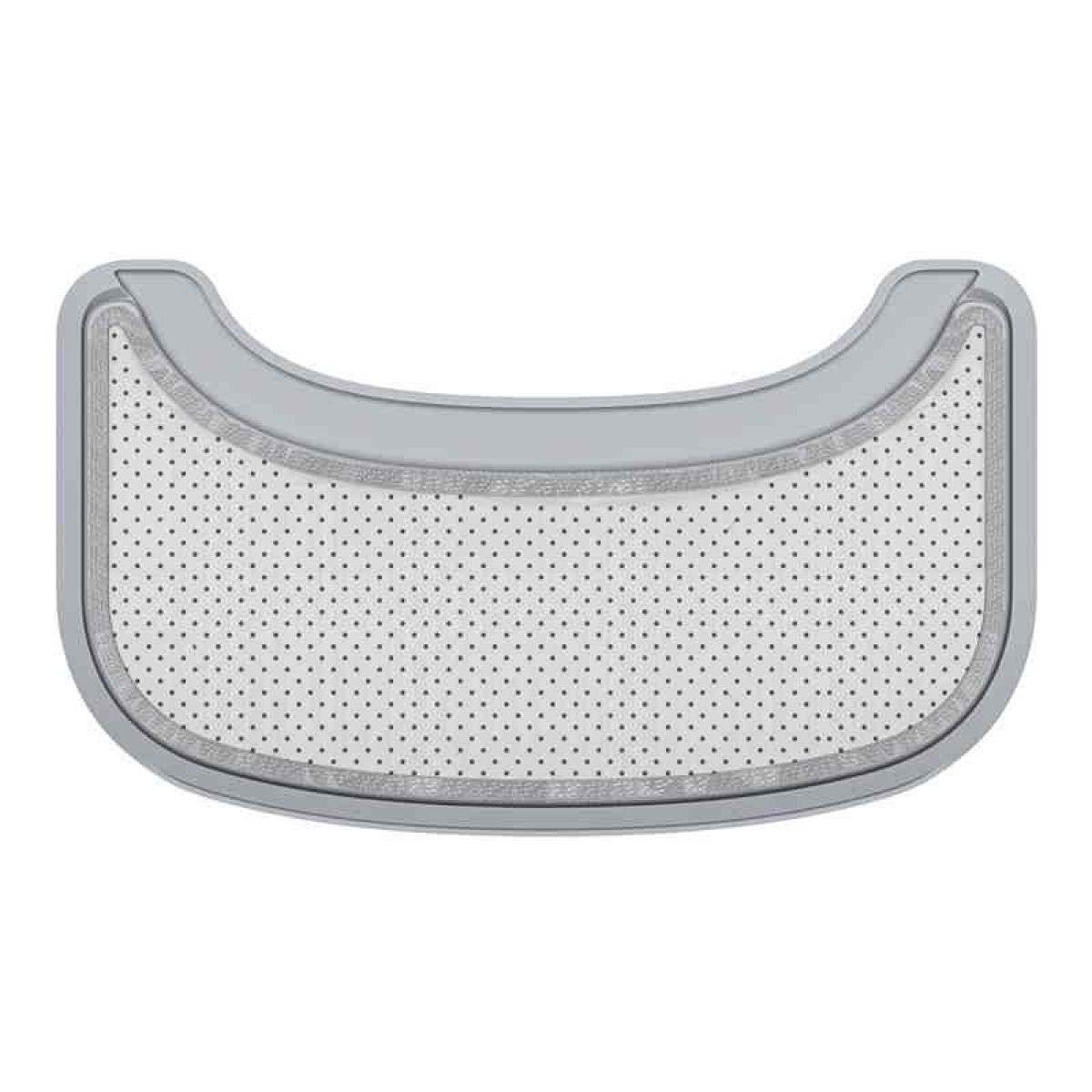 Graues Baby-Hochstuhltablett mit perforierter weißer Oberfläche.
