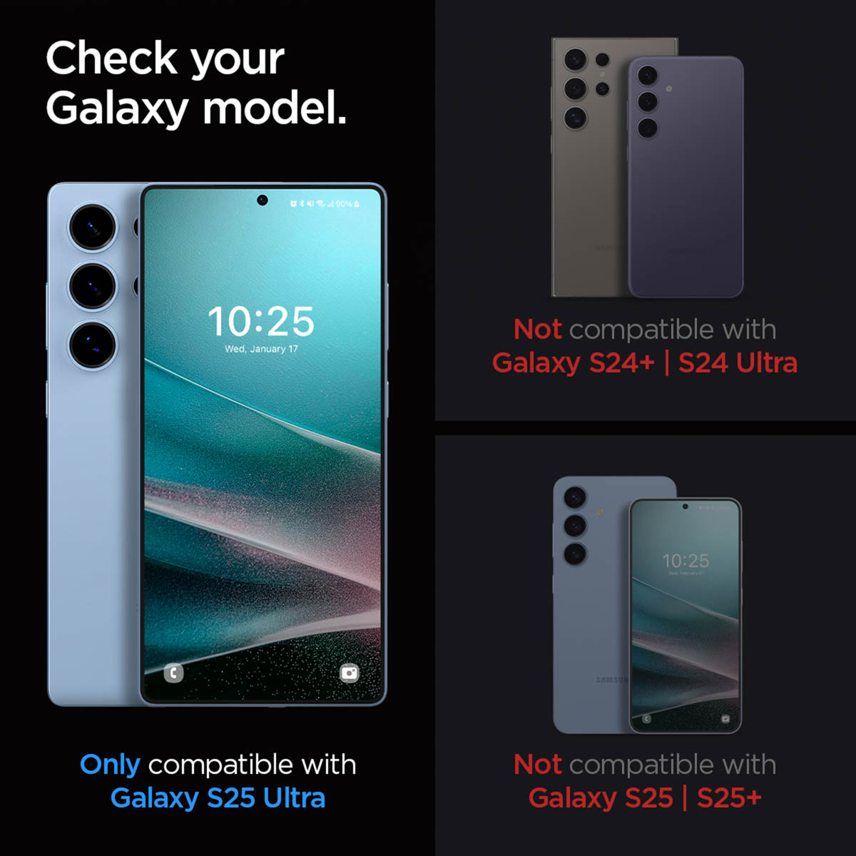 Obraz porównujący modele telefonów z uwagami dotyczącymi kompatybilności. Galaxy S25 Ultra jest wyróżniony jako jedyny kompatybilny model.