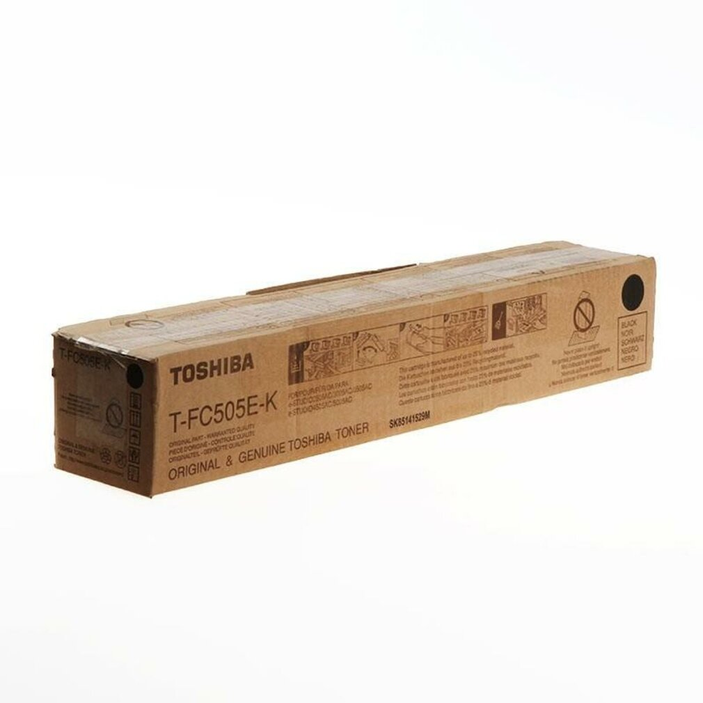 Cartuccia di toner Toshiba nella sua scatola. La scatola è marrone con scritte e simboli neri.