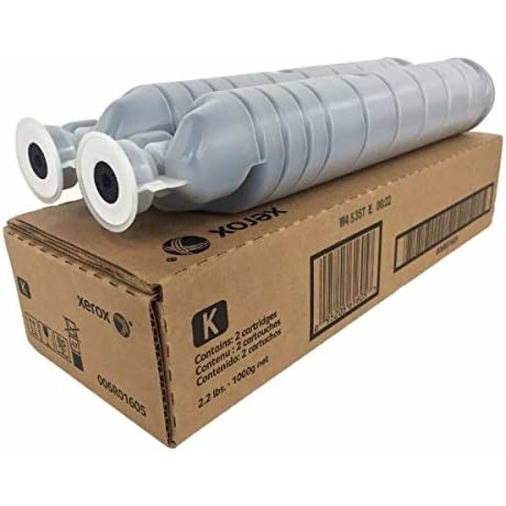 Dwie czarne kasety z tonerem na brązowym pudełku. Pudełko ma czarne napisy i symbole.