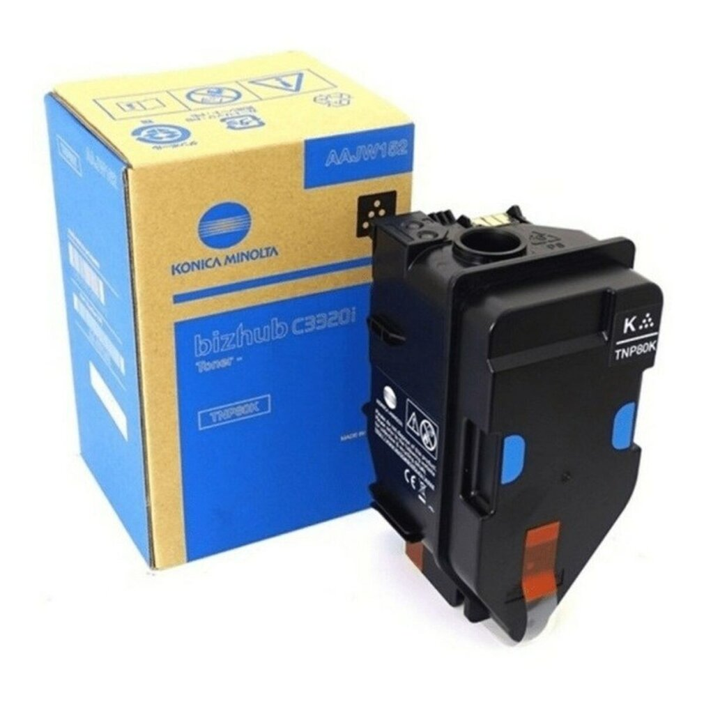 Cartuccia di toner nero e una scatola blu. La cartuccia ha alcuni accenti arancioni e blu.