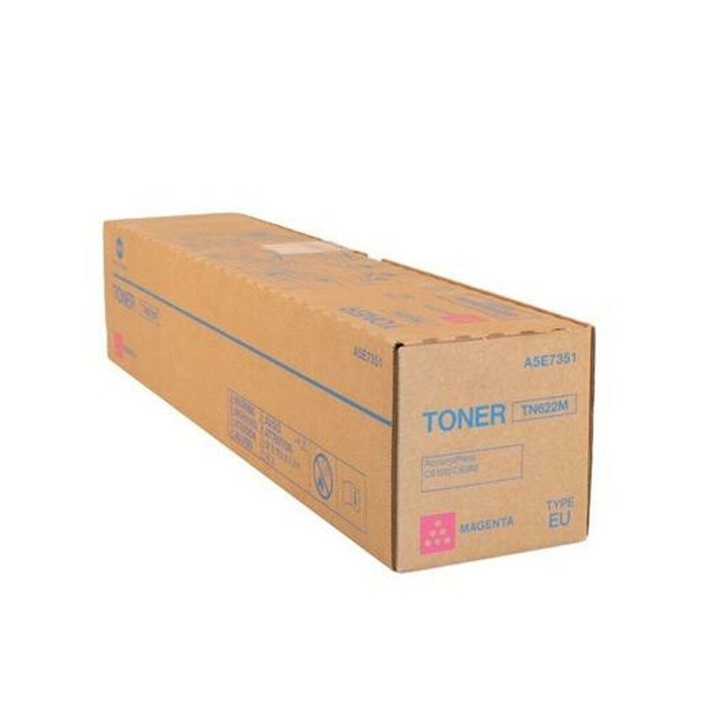 Cartuccia di toner magenta in una scatola marrone. La scatola ha scritte e simboli magenta.