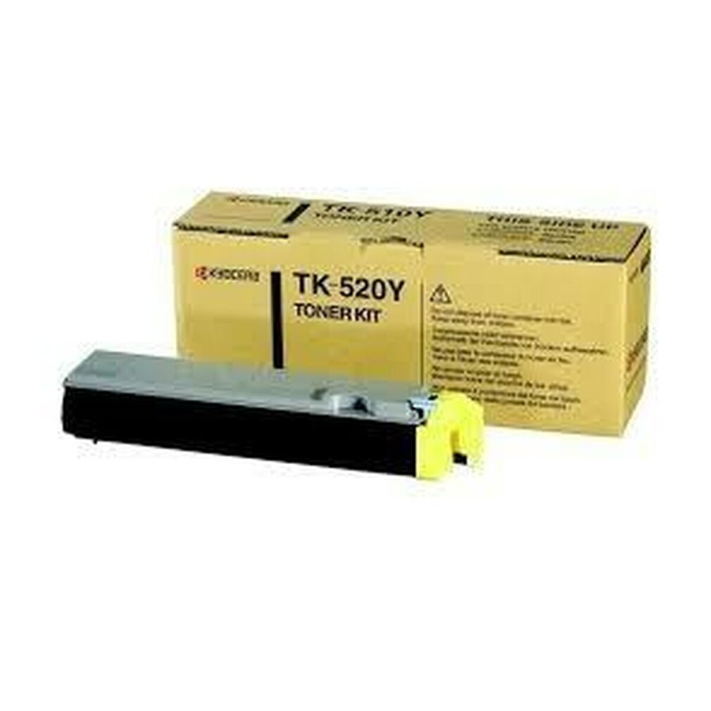 Cartuccia di toner giallo e scatola. La cartuccia è nera e grigia con un'estremità gialla.