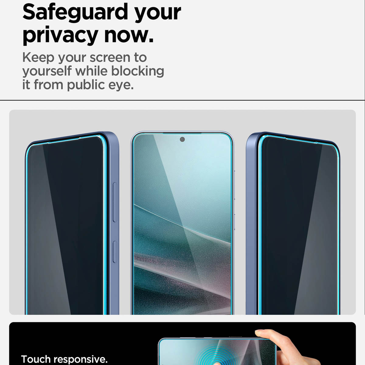 Tre smartphone con protezioni per lo schermo. Testo in alto: Proteggi la tua privacy ora. In basso: Sensibile al tocco.