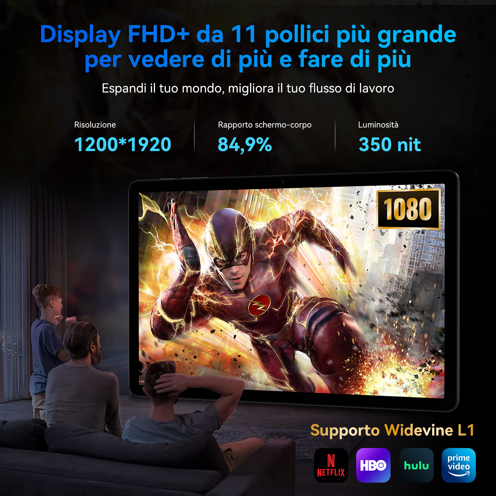 Tre persone guardano un tablet che mostra un'immagine di Flash. Le specifiche sono: risoluzione 1200*1920, rapporto schermo 84,9% e 350 nit.