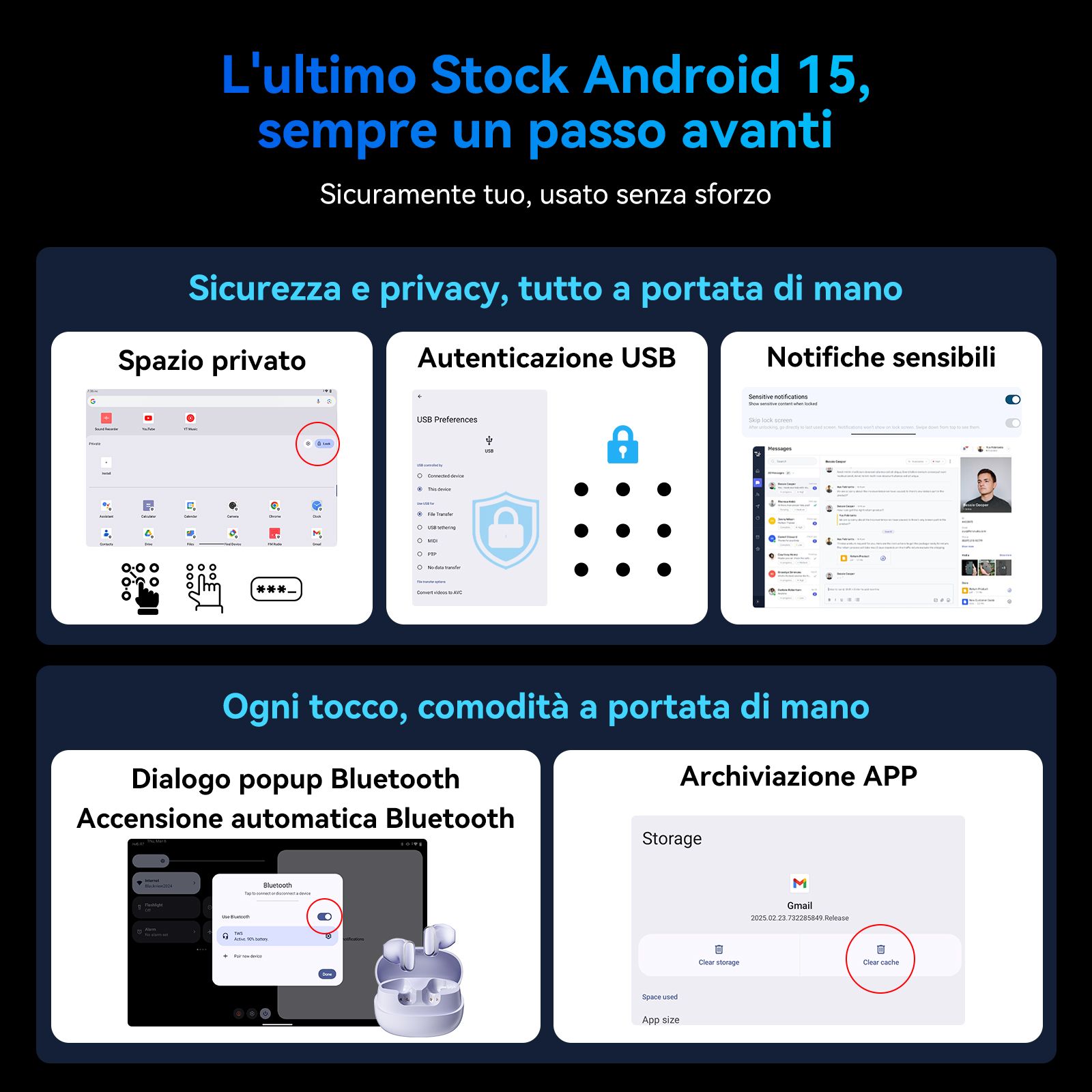 Interfaccia tablet che mostra le funzioni di sicurezza, tra cui spazio privato, autenticazione USB e notifiche sensibili.