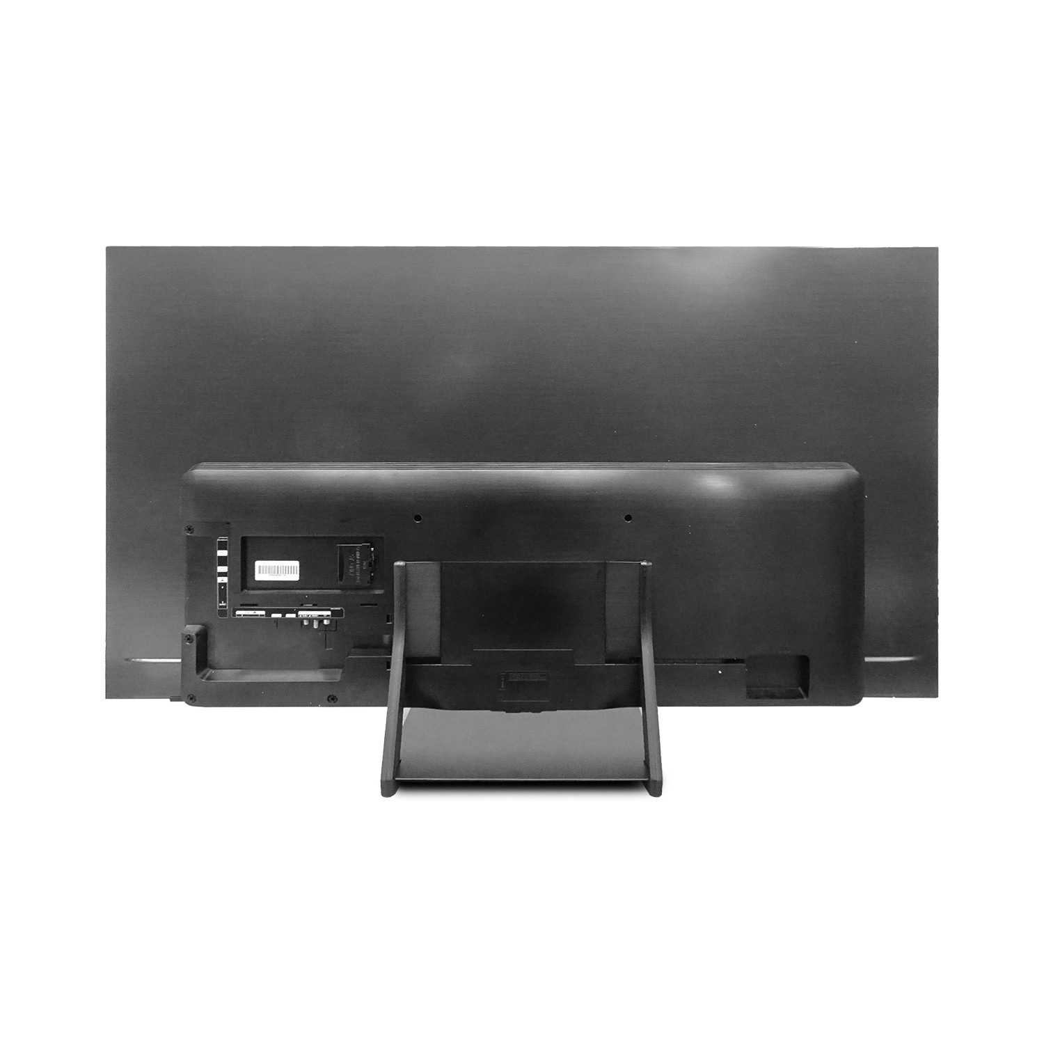 Czarny telewizor od tyłu, pokazujący podstawkę oraz porty wejścia i wyjścia.
