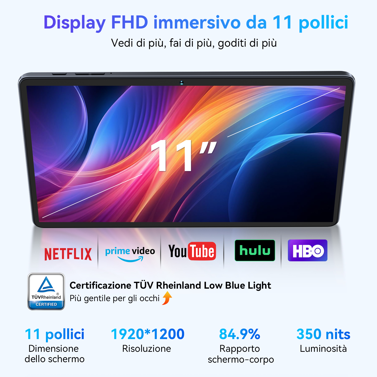 Un tablet che mostra uno schermo da 11 pollici, con i loghi Netflix, Prime Video, YouTube, Hulu e HBO.
