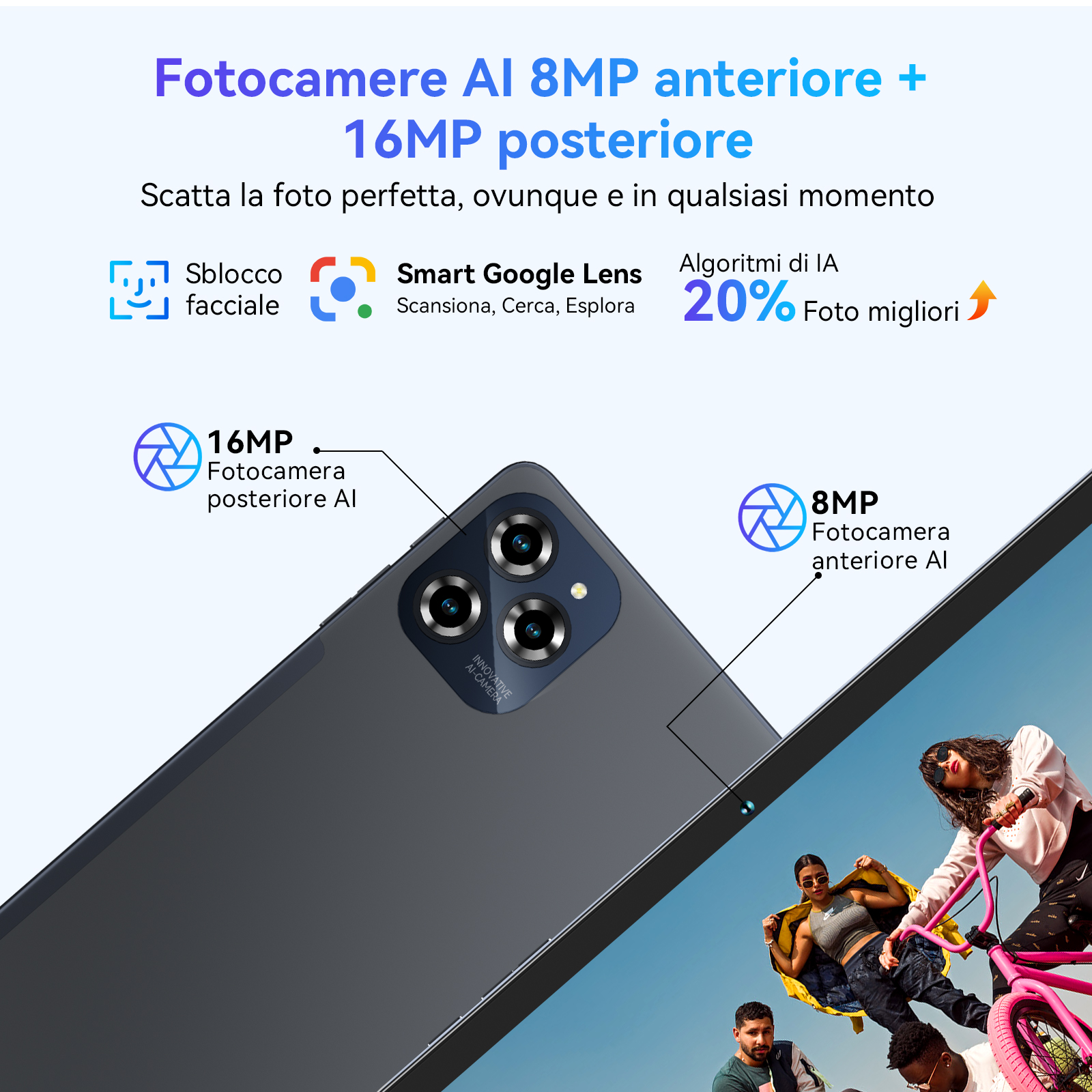 Un tablet con una configurazione della fotocamera posteriore con fotocamere da 16MP e 8MP, e una vista di persone che vanno in bicicletta.