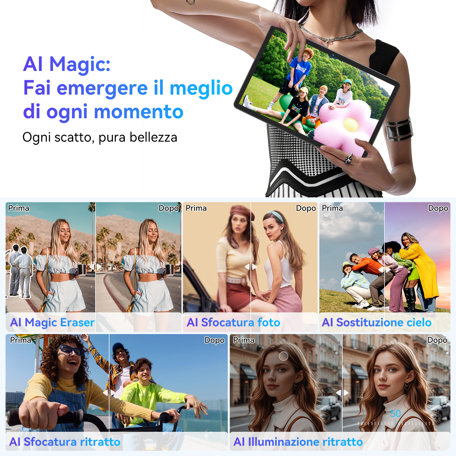 Un tablet che mostra foto con varie modifiche AI, tra cui la sostituzione del cielo e l'illuminazione del ritratto.