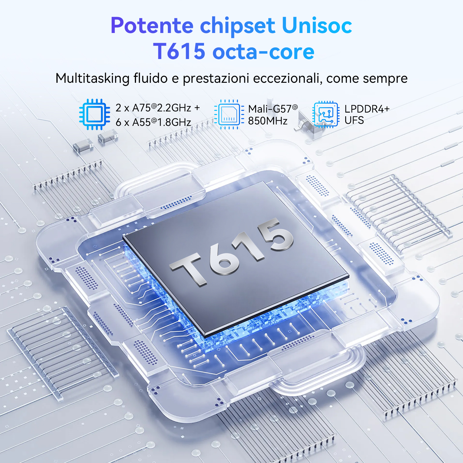 Primo piano di processore con etichetta 'T615', circondato da dettagli scheda.
