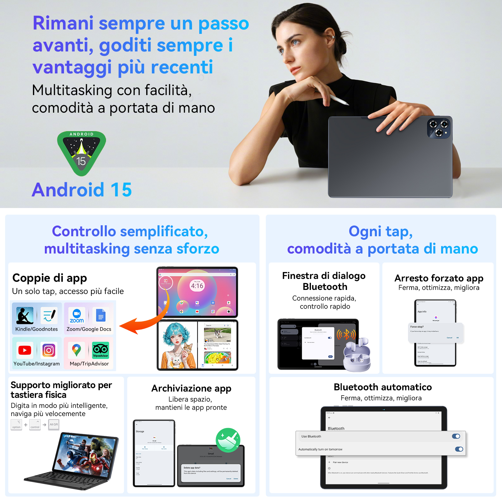 Donna con tablet, mostra funzioni Android 15, con icone e testo.
