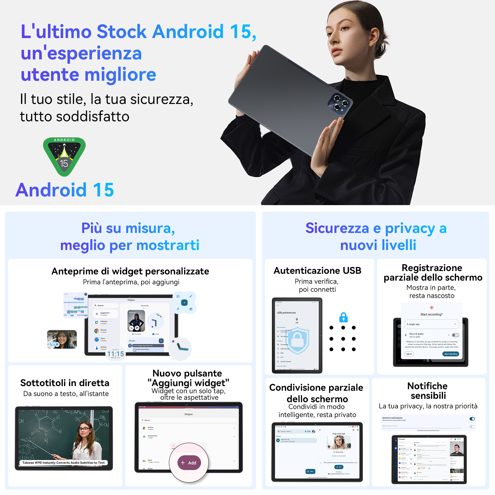 Donna tiene tablet, mostra funzioni Android 15, con testo e icone.