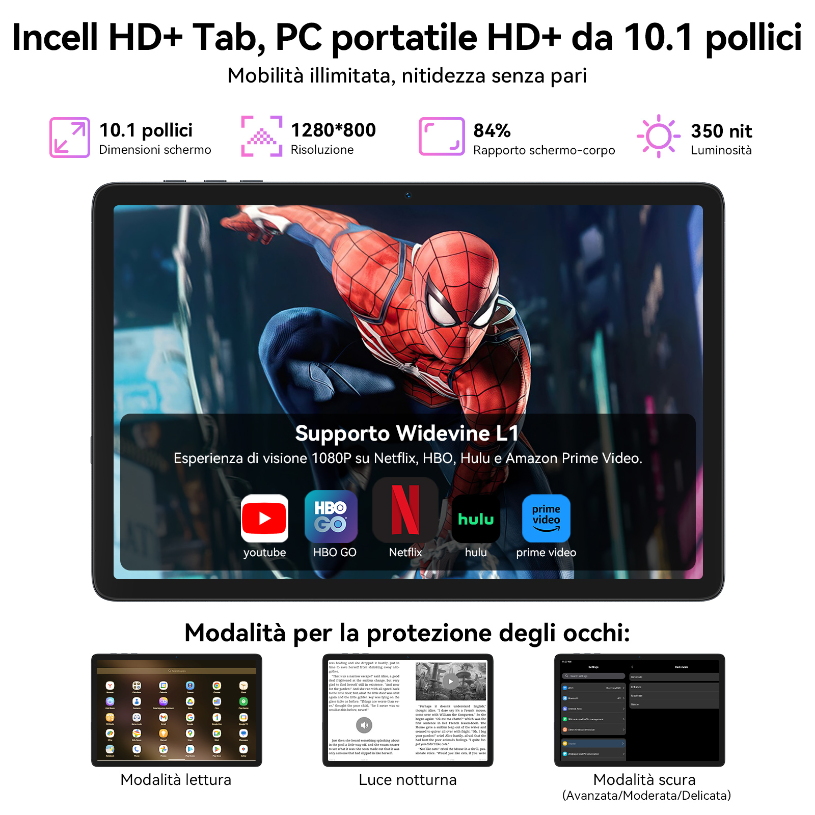 Un tablet mostra Spider-Man. Ha icone per YouTube, HBO GO, Netflix, Hulu e Prime Video. Vengono mostrate icone aggiuntive.
