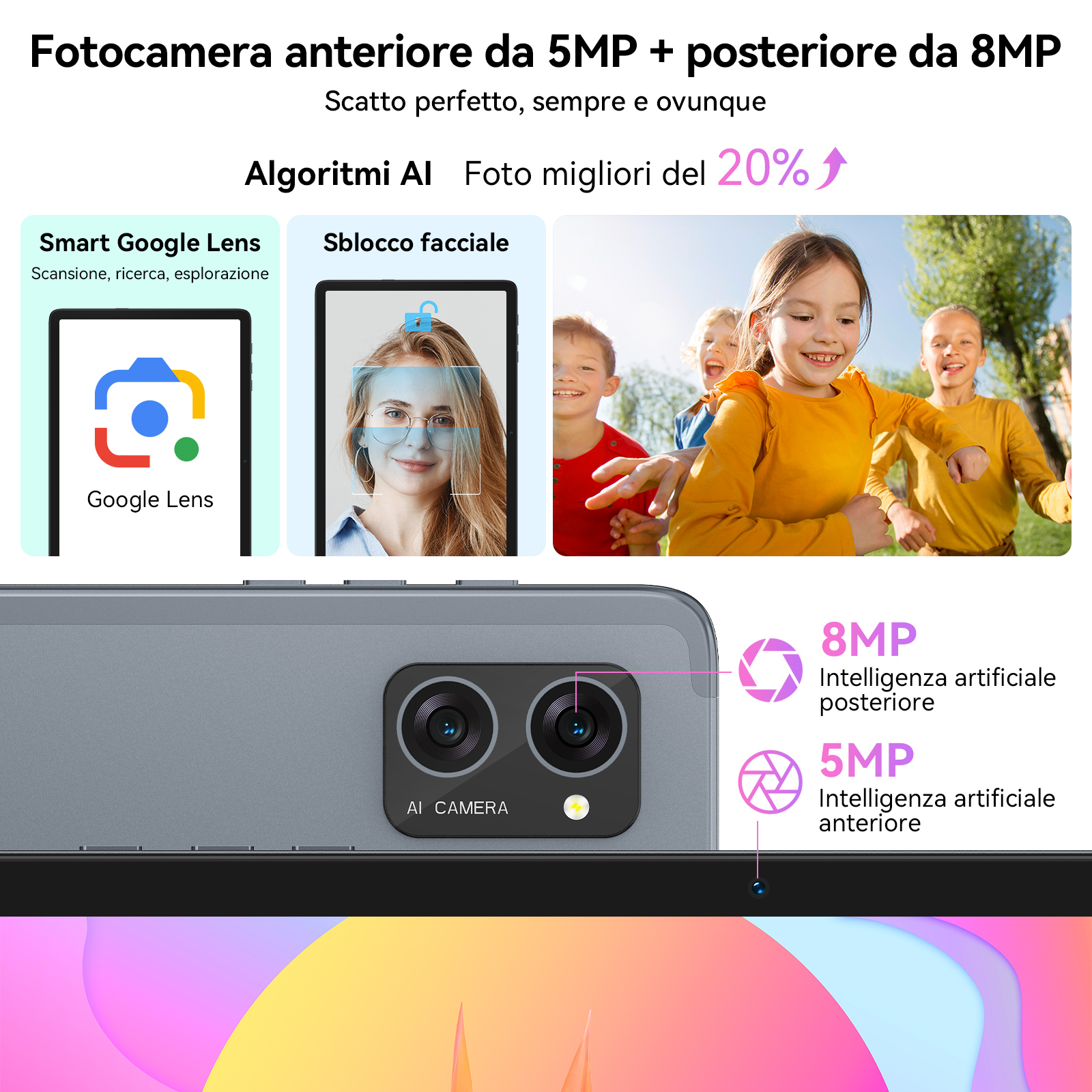 Immagine mostra i dettagli del tablet e una foto di bambini.