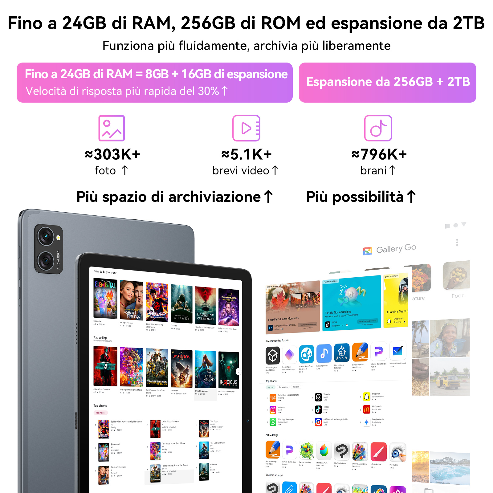 Due tablet con informazioni di archiviazione. Uno mostra icone di app.