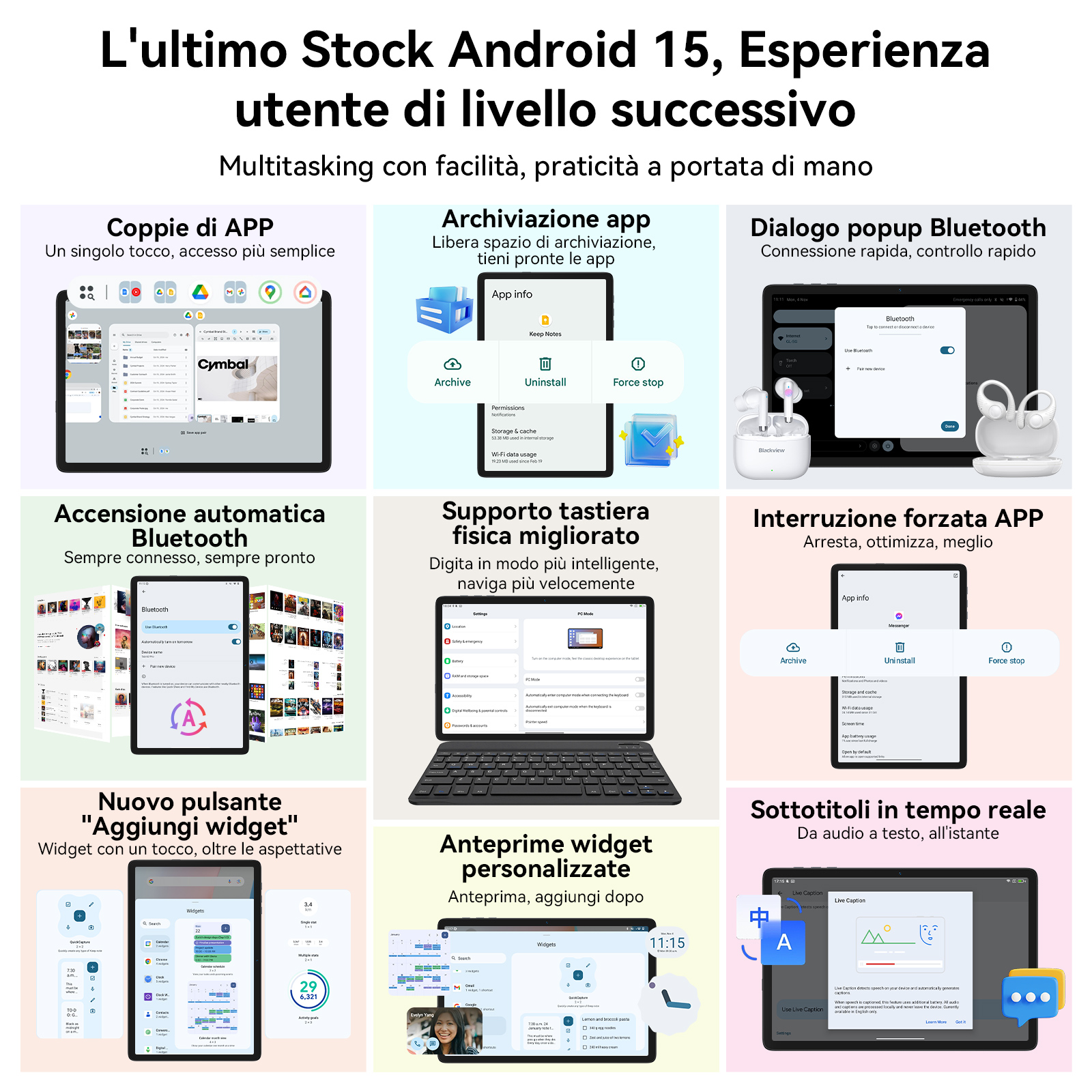 Un tablet con icone di app e dettagli delle funzionalità.