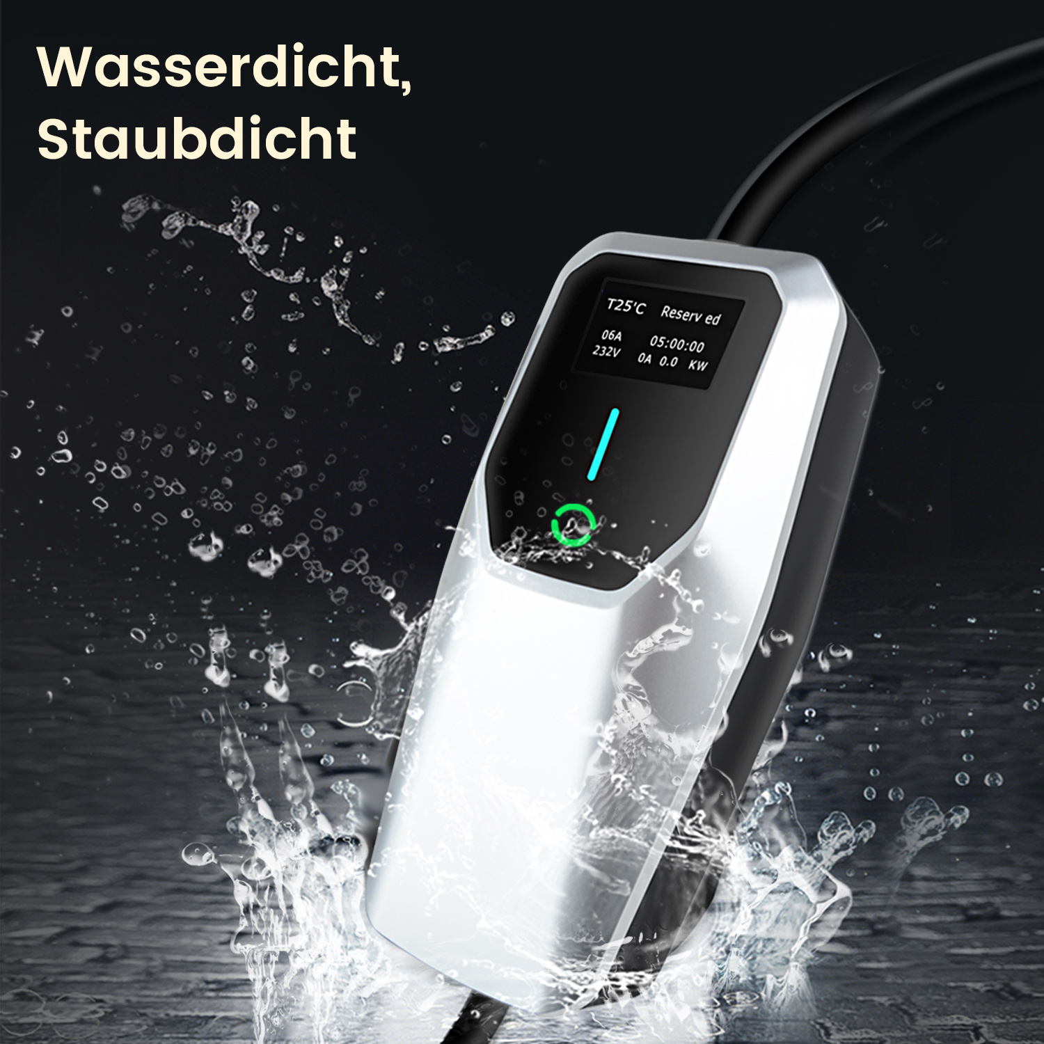 Ein Ladegerät mit digitaler Anzeige, zeigt Wassertropfen, was darauf hindeutet, dass es wasserdicht ist.