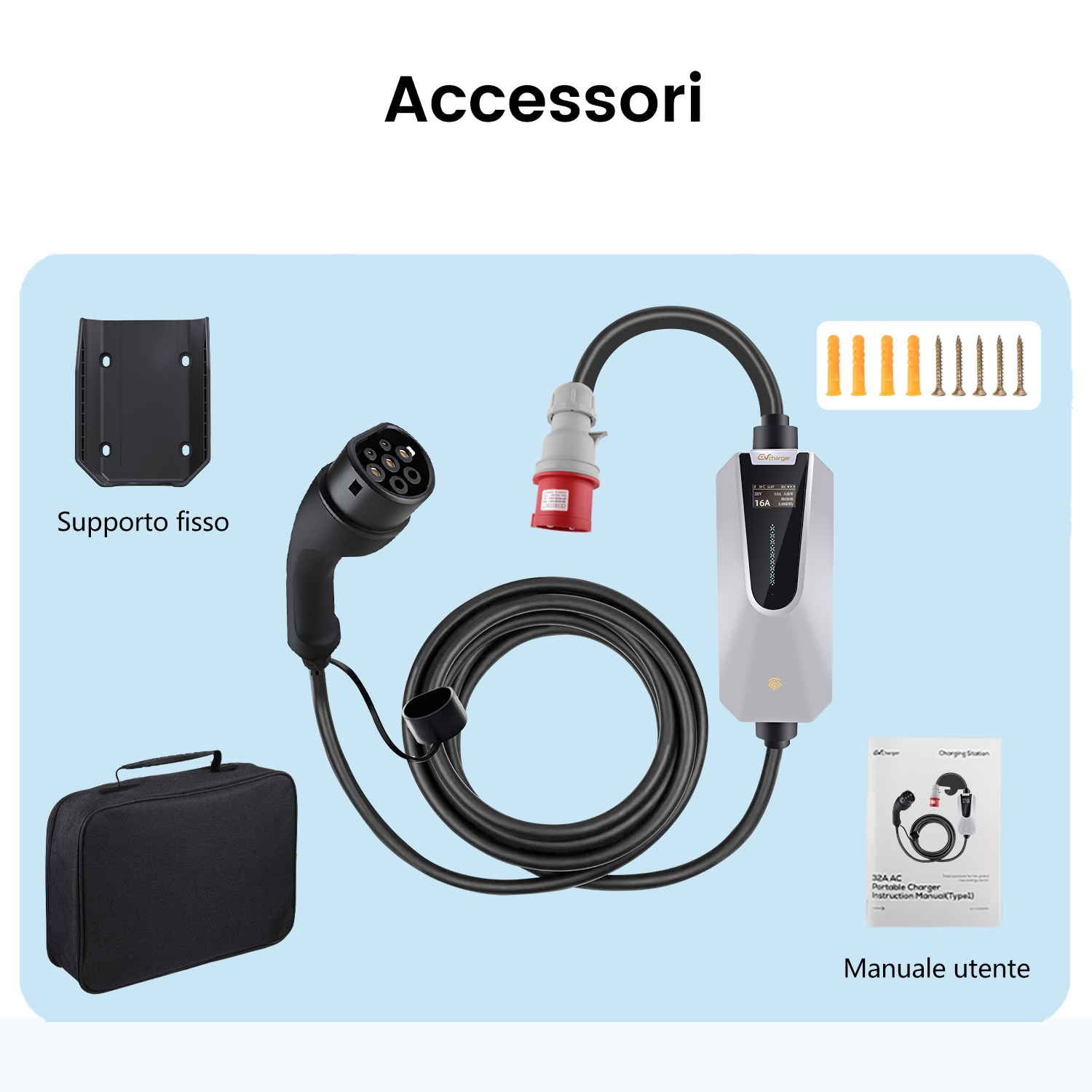 Accessori di una stazione di ricarica, tra cui un supporto fisso, una borsa per il trasporto e un manuale utente.