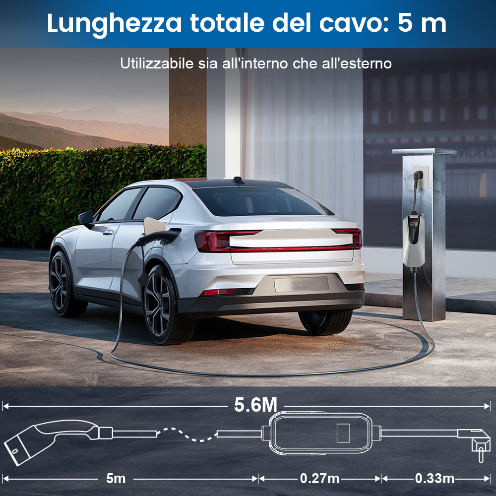 Un'auto bianca è collegata a una stazione di ricarica. Il cavo di ricarica è lungo 5 metri.
