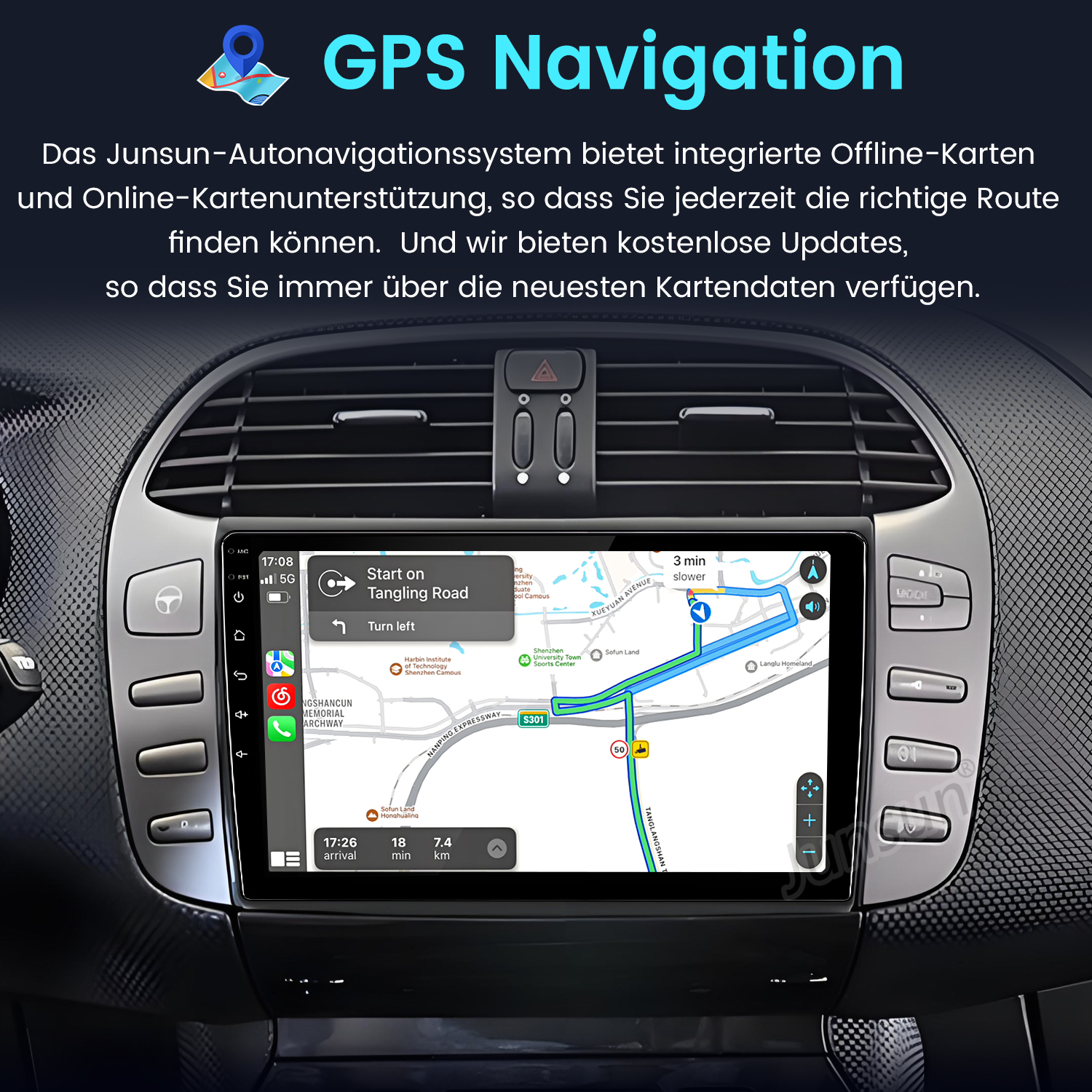 Ein Auto-Armaturenbrett zeigt einen Navigationsbildschirm mit Kartenanweisungen und Navigationsfunktionen. Die Anzeige befindet sich in der Konsole des Autos.