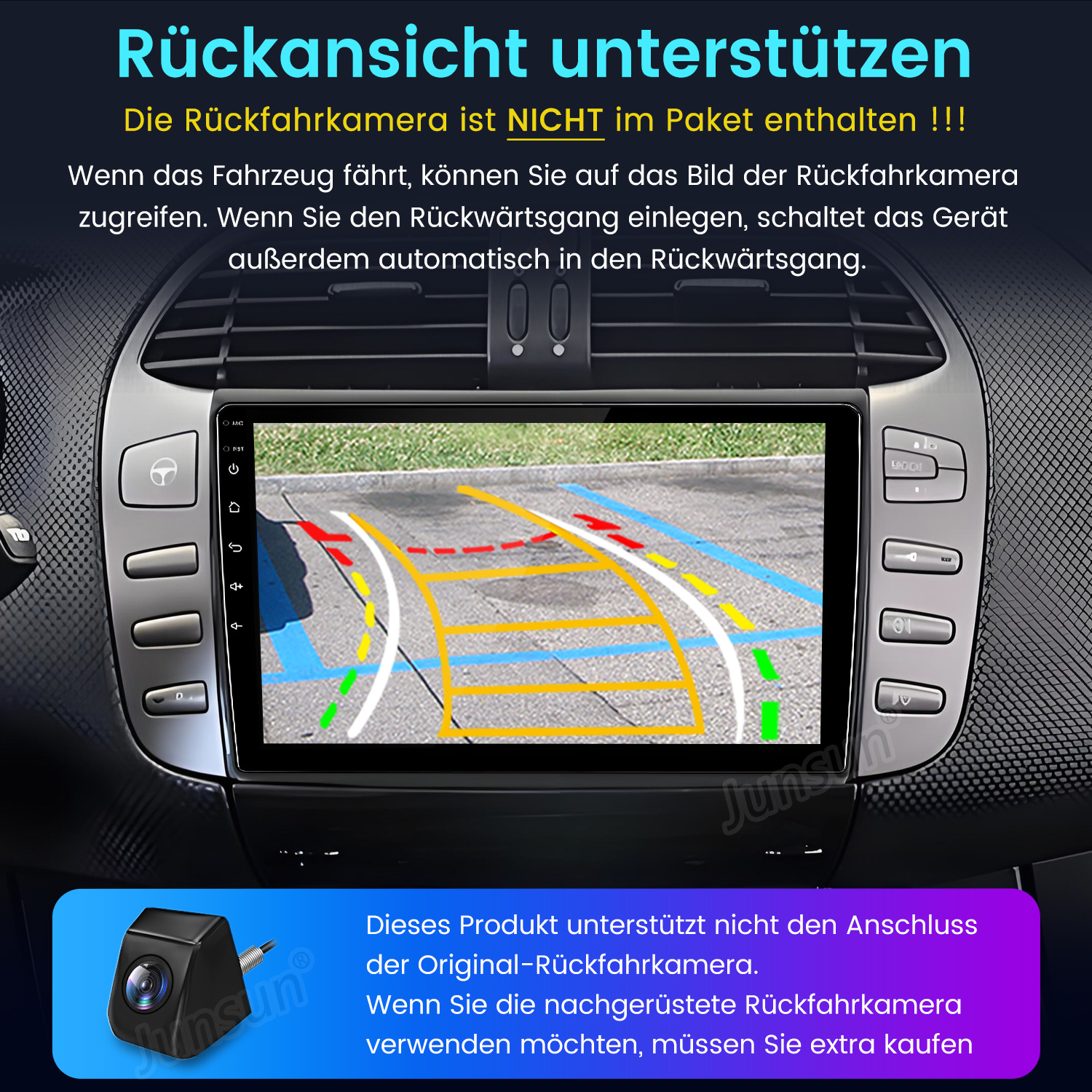 Ein Auto-Armaturenbrett-Bildschirm zeigt die Ansicht von der Rückfahrkamera. Das Bild zeigt Parkhilfslinien und eine Rückansicht.