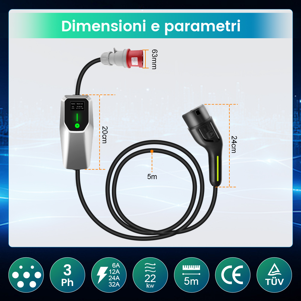 Un connettore di ricarica per veicoli elettrici con misurazioni. L'immagine mostra potenza, amperaggio, tensione e altre specifiche.