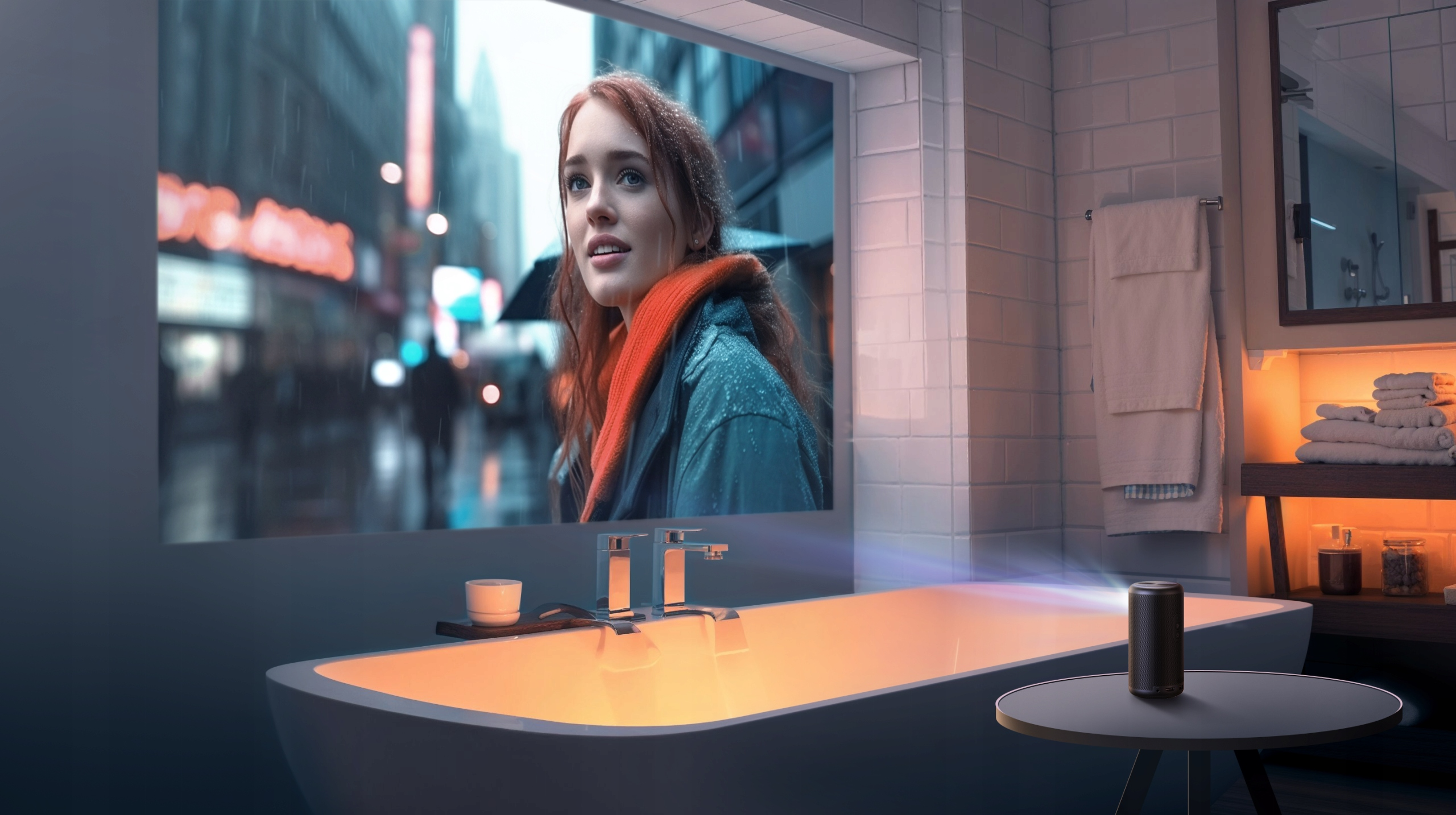 Kobieta patrzy przez okno na deszczowy krajobraz miejski z wanny. Głośnik jest w pobliżu.