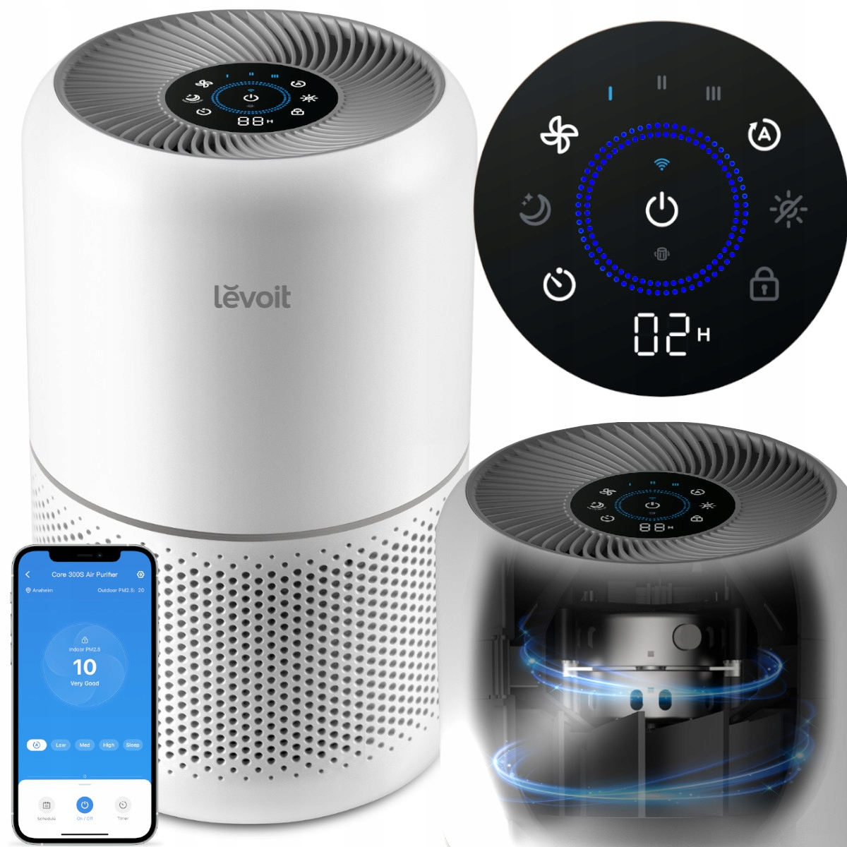 Biały oczyszczacz powietrza z panelem sterowania i wyświetlaczem. Znajduje się na białej powierzchni. Dodatkowy panel.