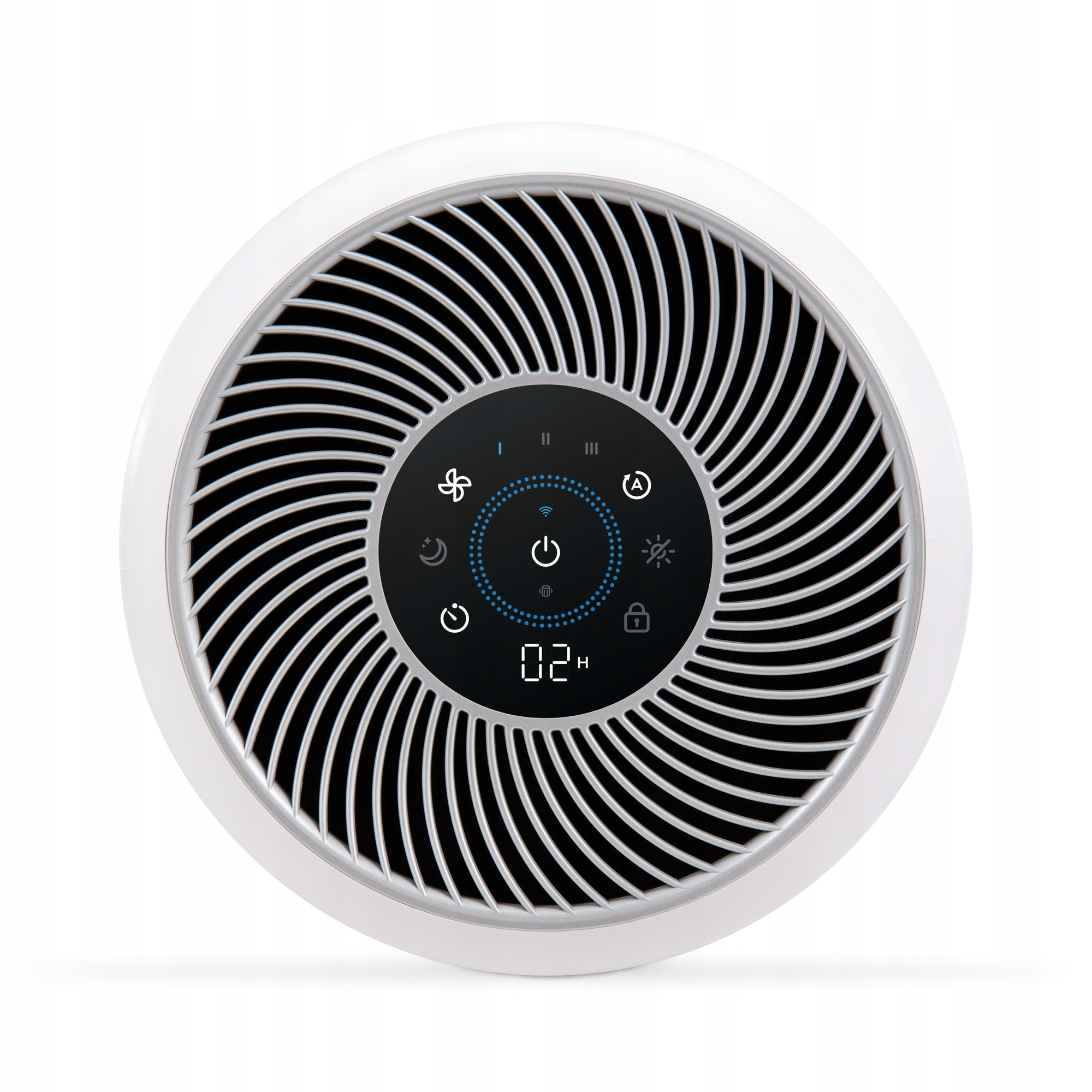 Widok z góry na biały oczyszczacz powietrza z panelem sterowania. Posiada przycisk zasilania i inne.