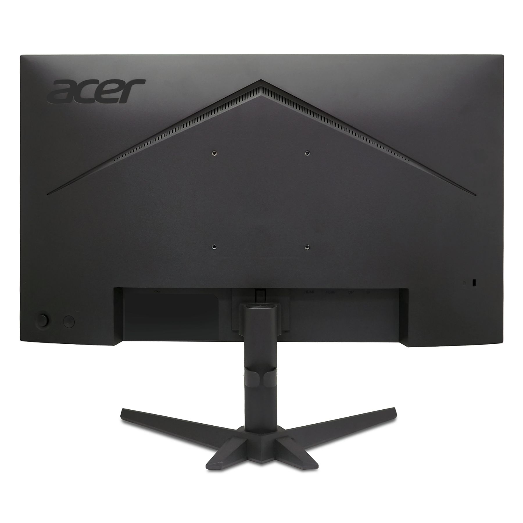 Tył czarnego monitora Acer, pokazujący porty i stojak.