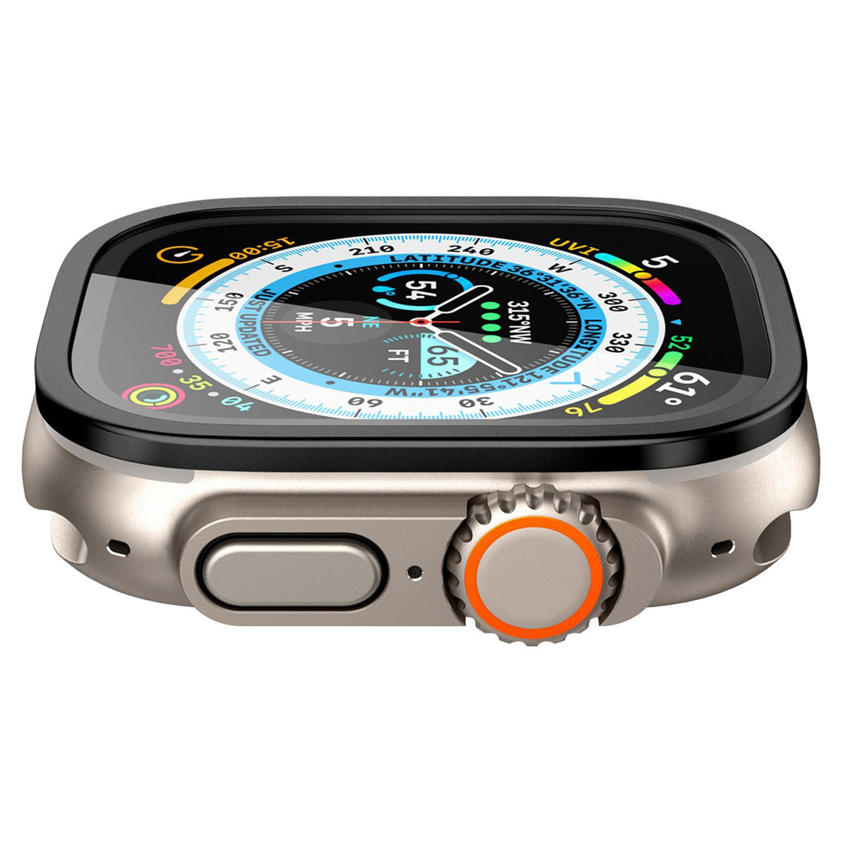 Srebrny smartwatch z czarnym ekranem, pokazujący godzinę i inne wskaźniki.