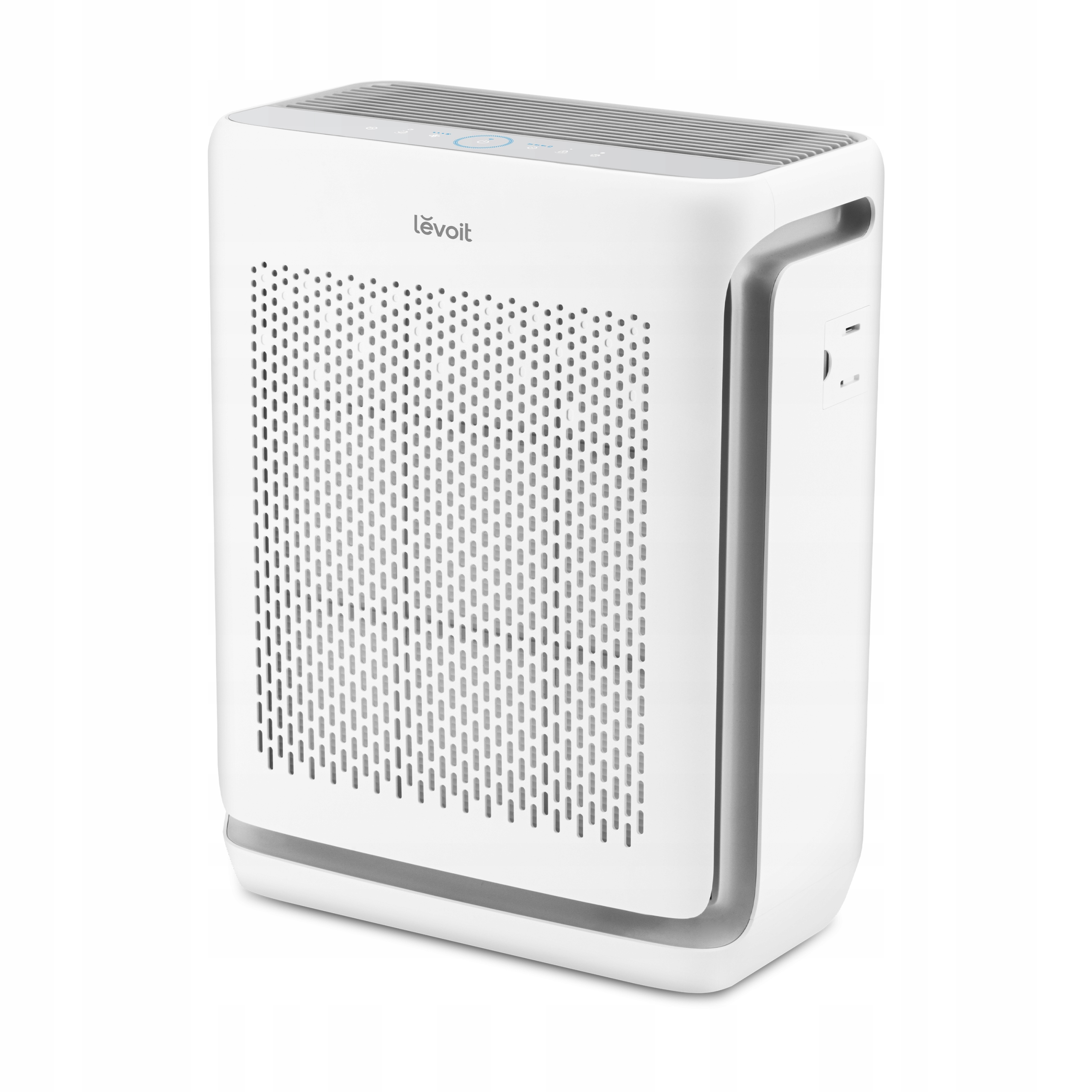 Biały oczyszczacz powietrza o nowoczesnym designie. Ma perforowany przód i logo Levoit.