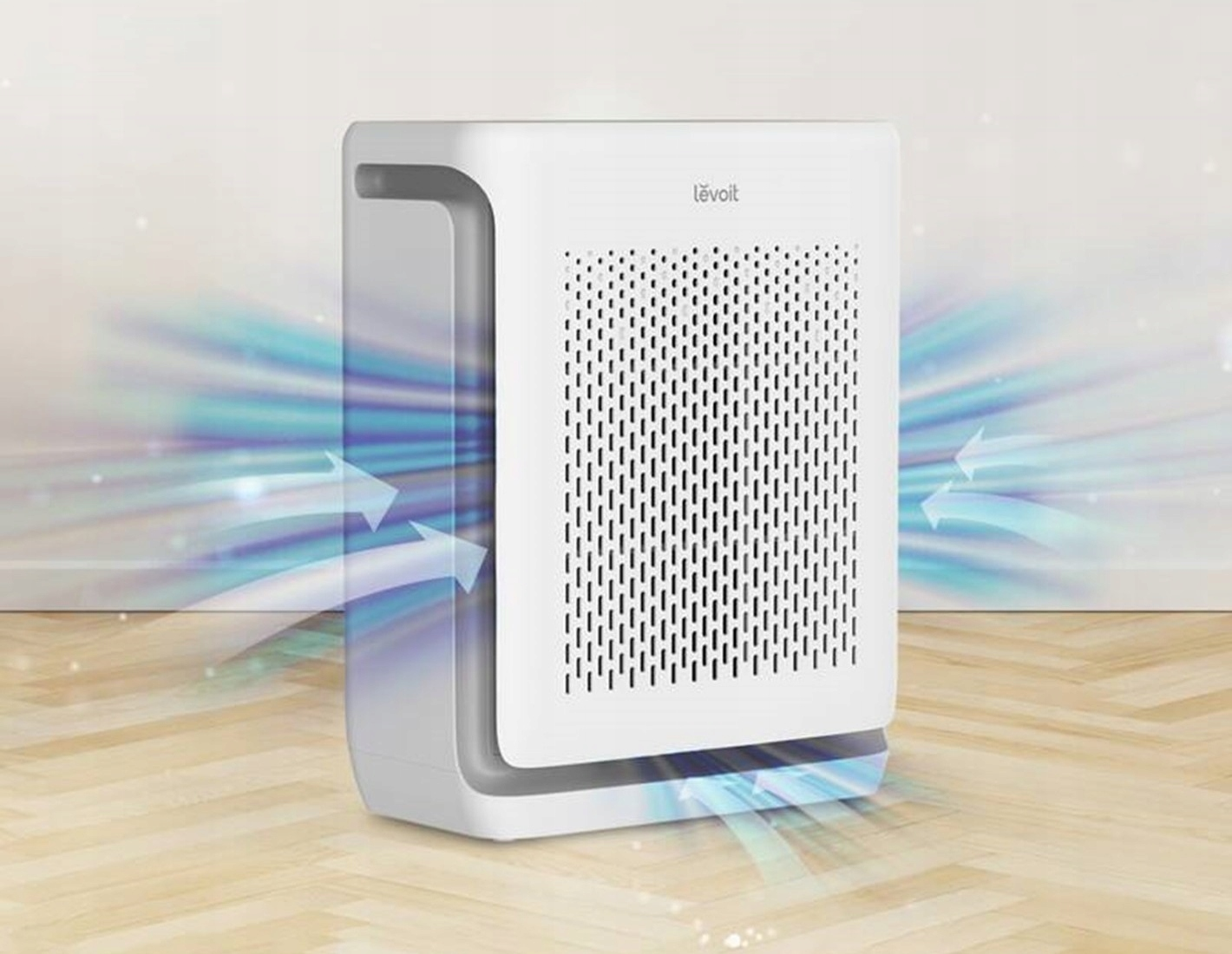 Biały oczyszczacz powietrza z animacją przepływu powietrza. Oczyszczacz znajduje się w czystym, nowoczesnym otoczeniu.