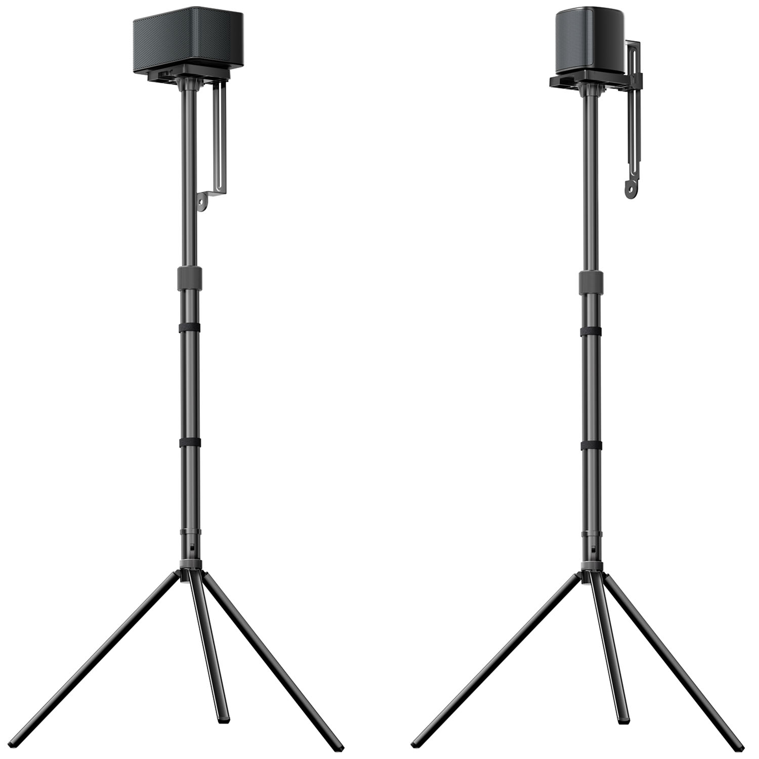 Deux pieds d'enceintes noirs avec une enceinte noire au-dessus. Sur fond blanc.