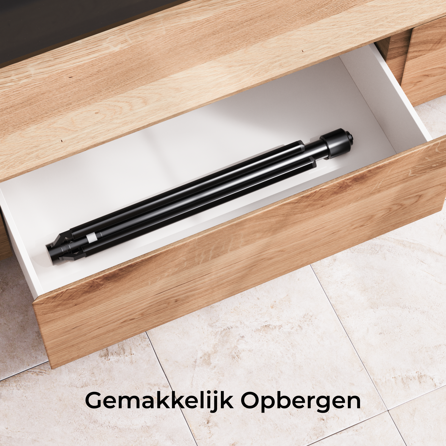 Un poteau métallique noir à l'intérieur d'un tiroir en bois, avec le texte 'Gemakkelijk Opbergen'.