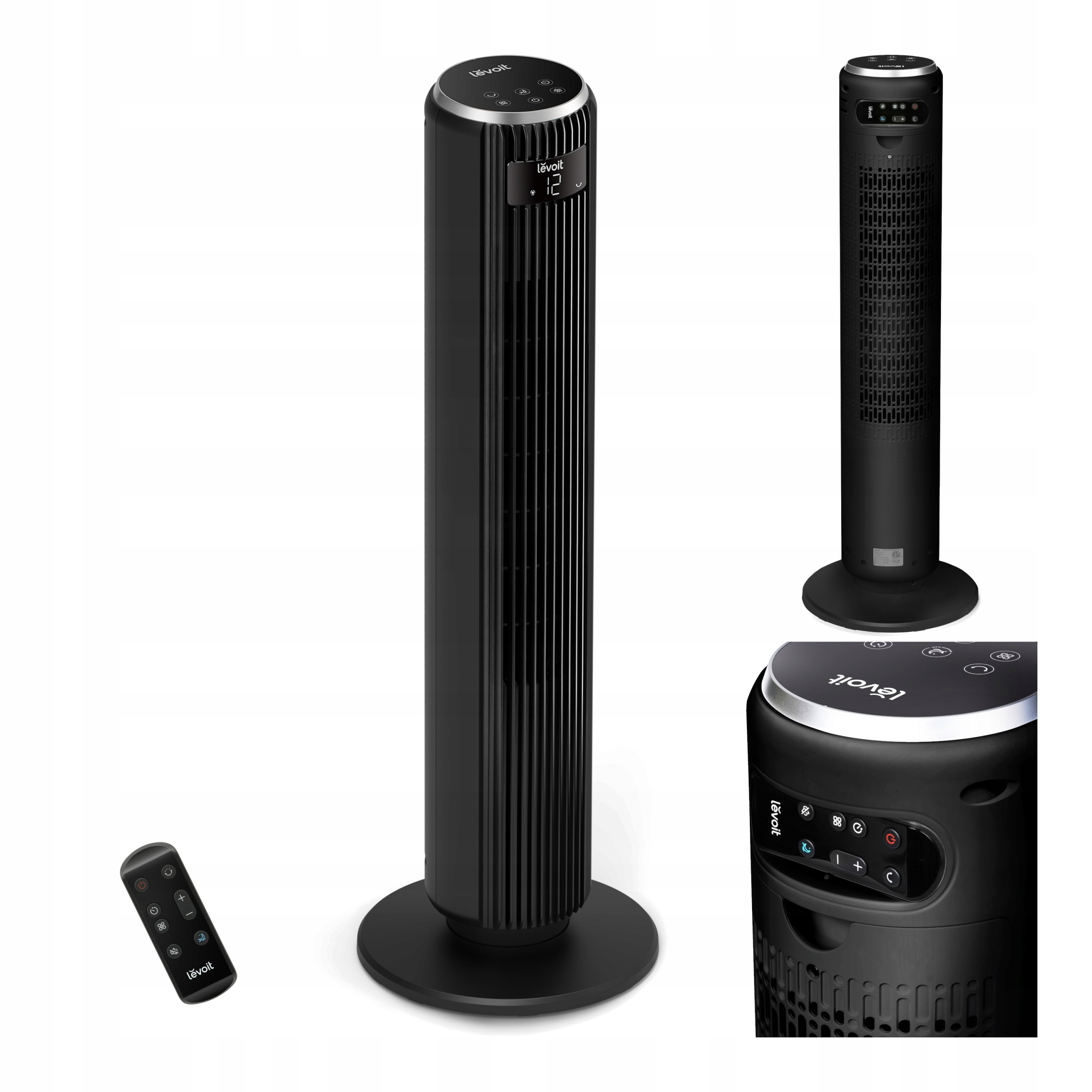 Wiele widoków czarnego wentylatora wieżowego z pilotem. Wentylator ma wyświetlacz.